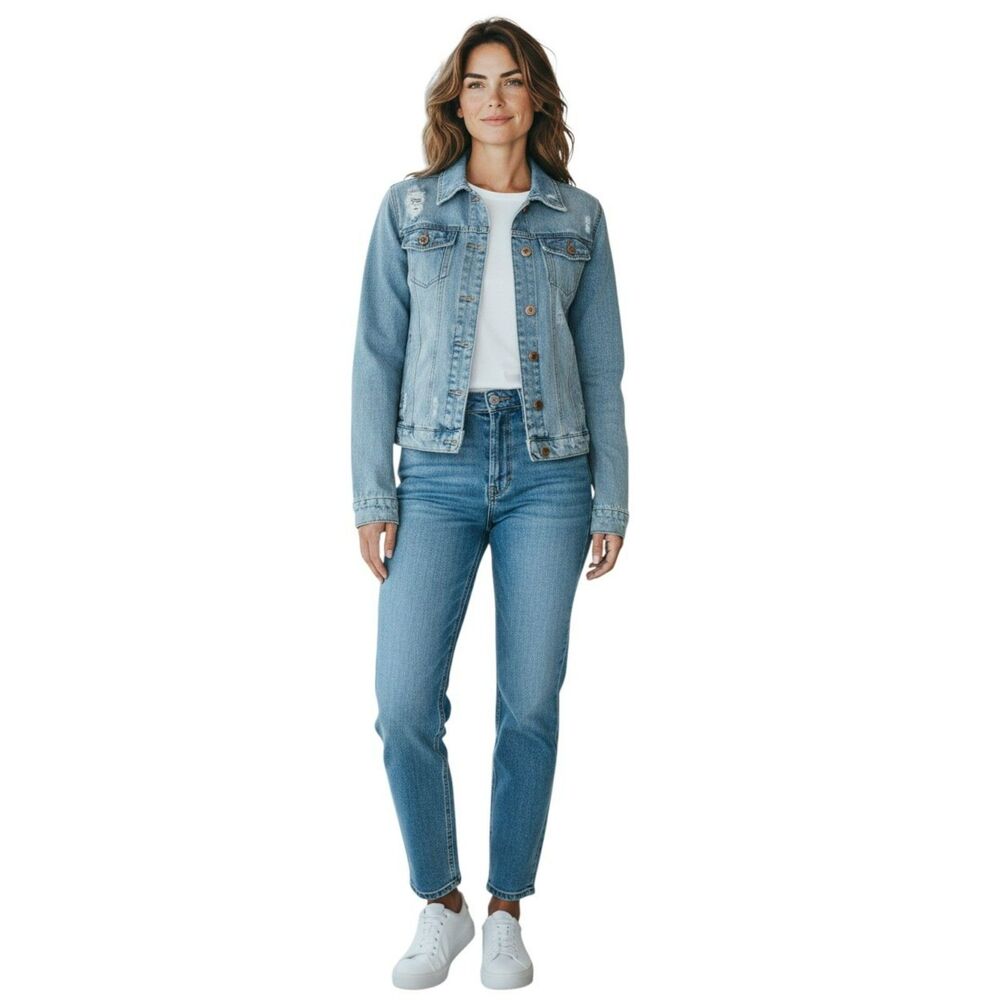 Cisono Denim Jacket Women's Medium Blue Solid Long Sleeves distressed #158